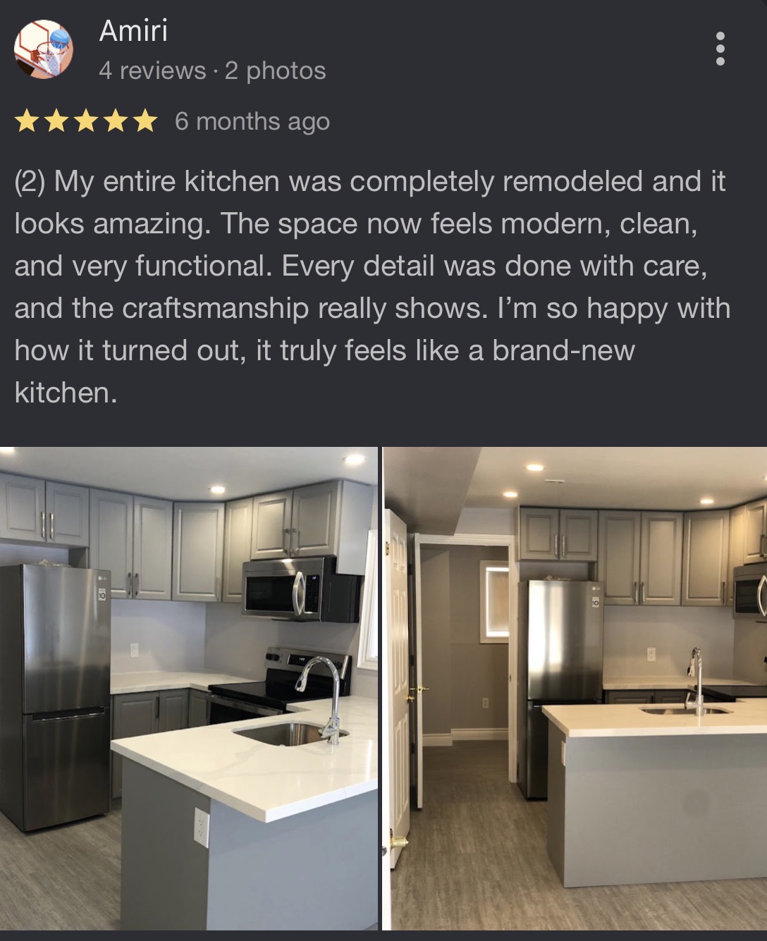 Customer review from Amiri about a kitchen renovation by Reliance Contracting 168