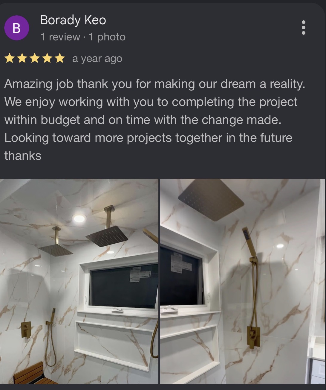 Customer review from Borady Keo about a bespoke shower renovation by Reliance Contracting 168