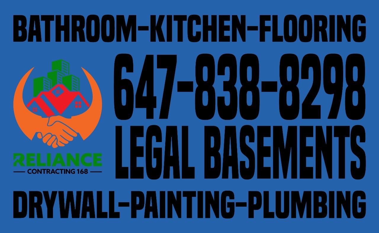 Reliance Contracting 168 legal basements service poster with phone number 647-838-8298