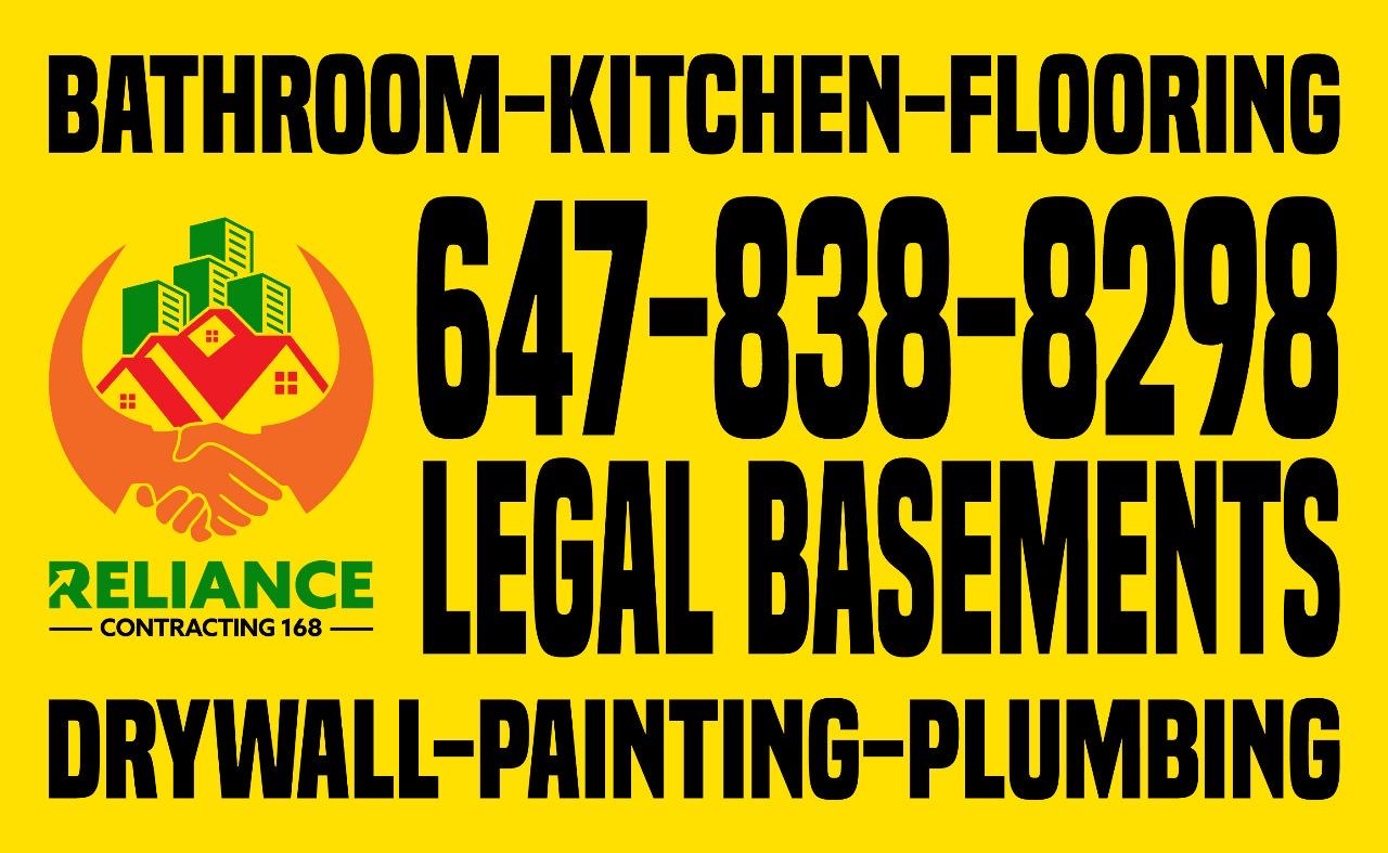 Gold Reliance Contracting 168 service poster featuring legal basements and home renovation services