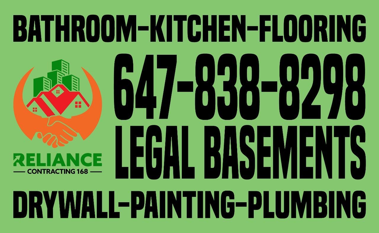 Green Reliance Contracting 168 service poster for bathroom, kitchen, flooring, drywall, painting, and plumbing