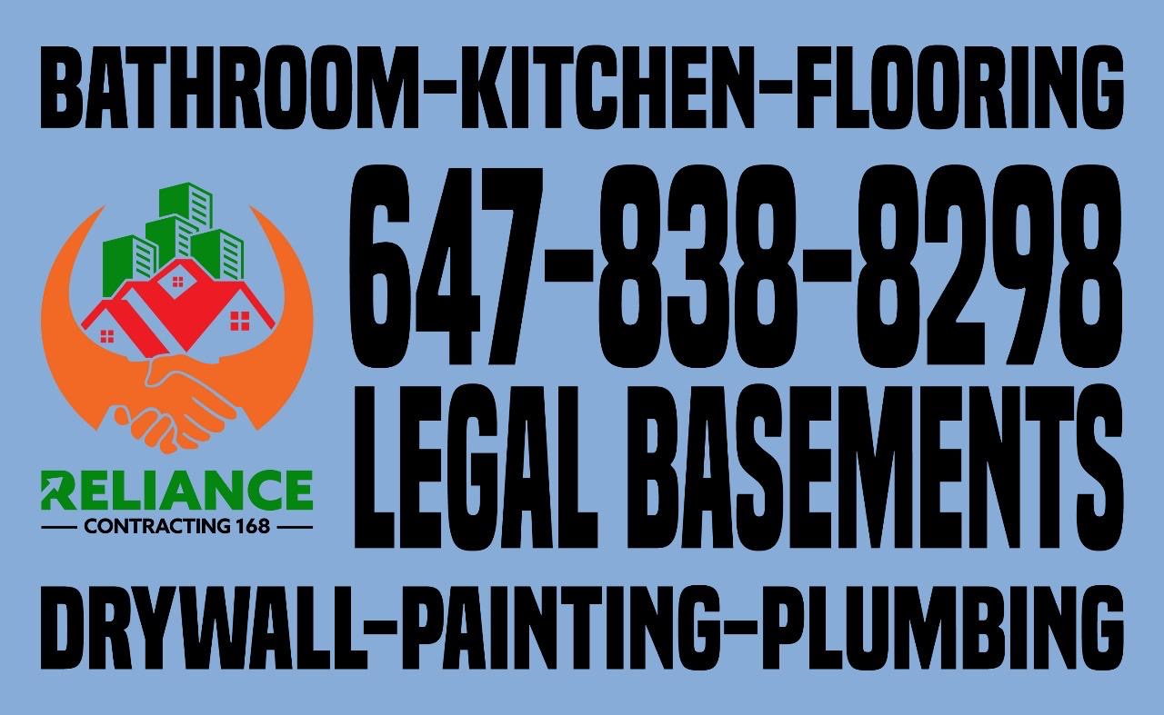 Light blue Reliance Contracting 168 service poster featuring legal basements and home renovation services
