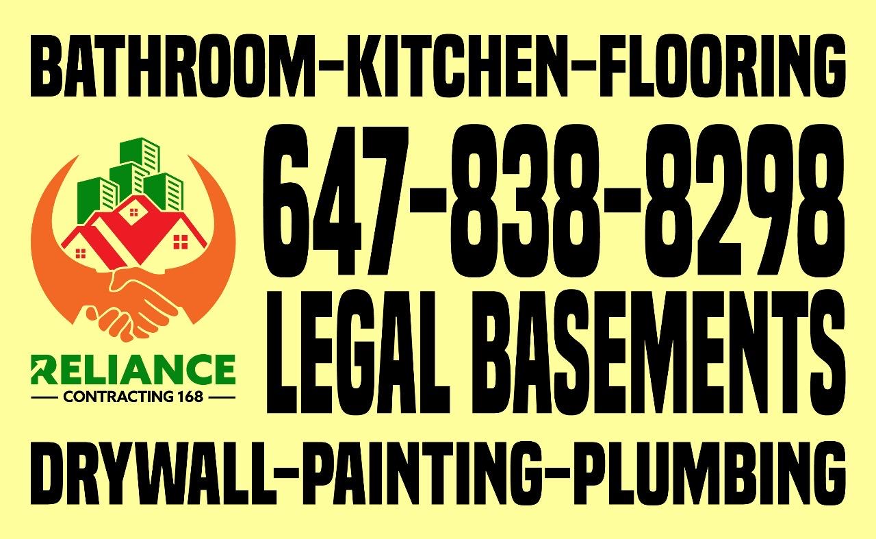 Reliance Contracting 168 service poster for bathroom, kitchen, flooring, drywall, painting, and plumbing