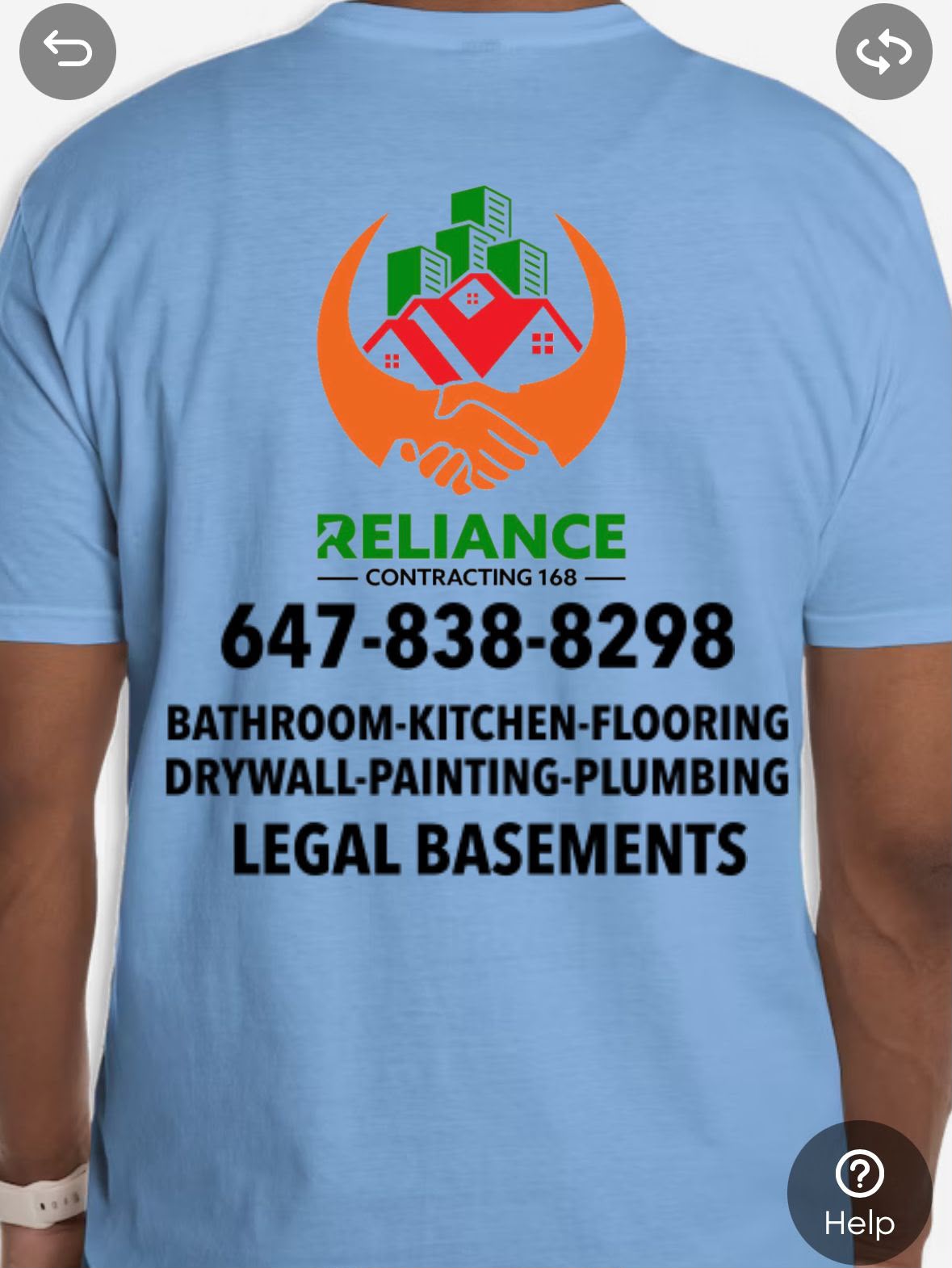 Reliance Contracting 168 team shirt showing the company logo, phone number, and services