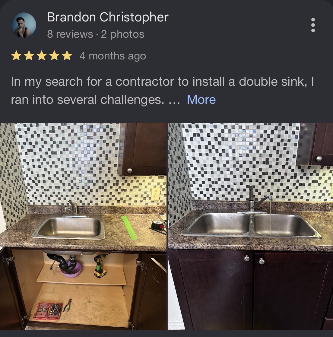Customer review from Brandon Christopher about a kitchen & plumbing by Reliance Contracting 168