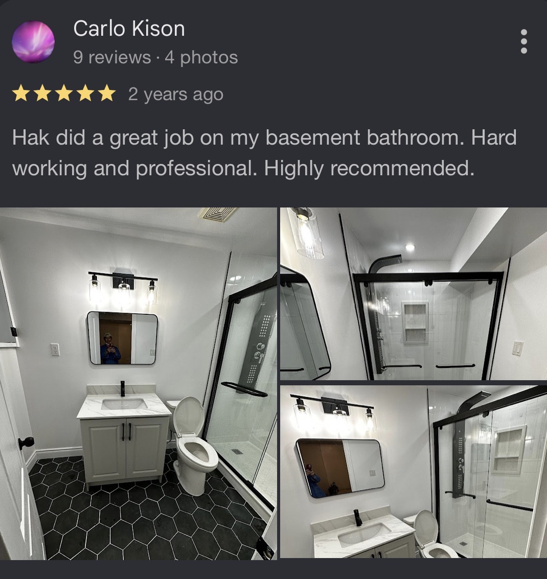 Customer review from Carlo Kison about a bathroom renovation by Reliance Contracting 168