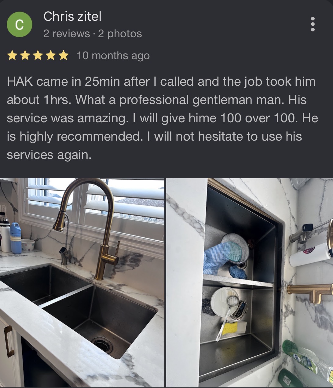 Customer review from Chris Zitel about a kitchen & plumbing by Reliance Contracting 168