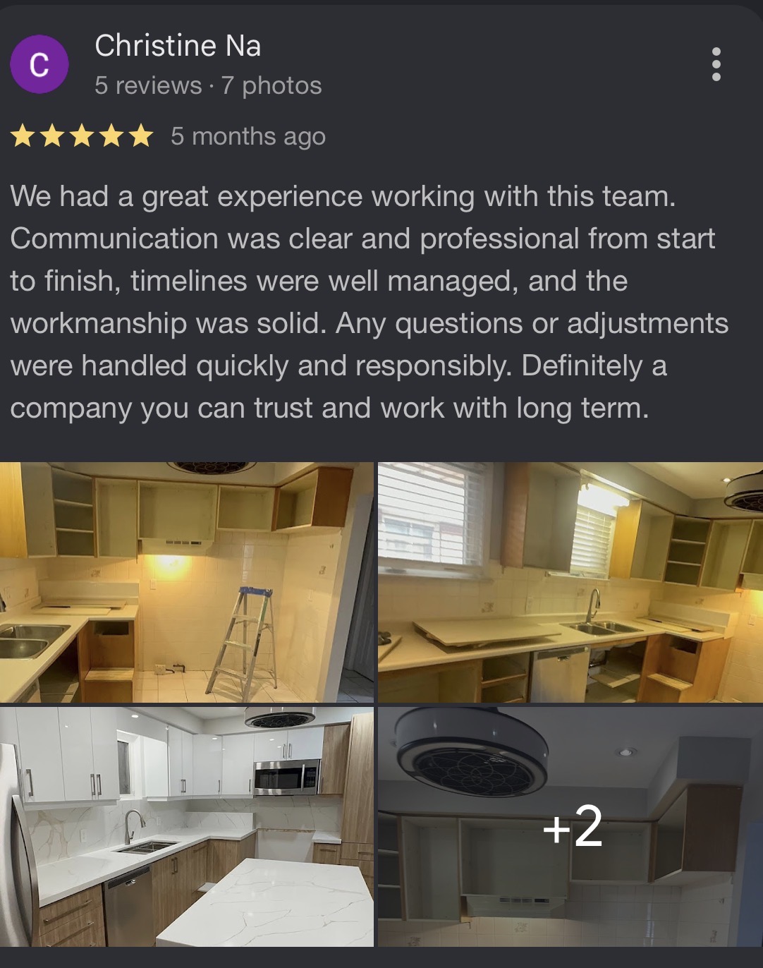 Customer review from Christine Na about a kitchen renovation by Reliance Contracting 168