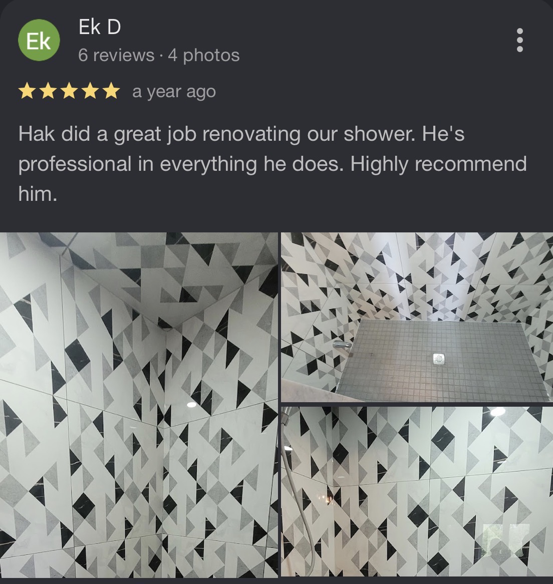 Customer review from Ek D about a bathroom renovation by Reliance Contracting 168