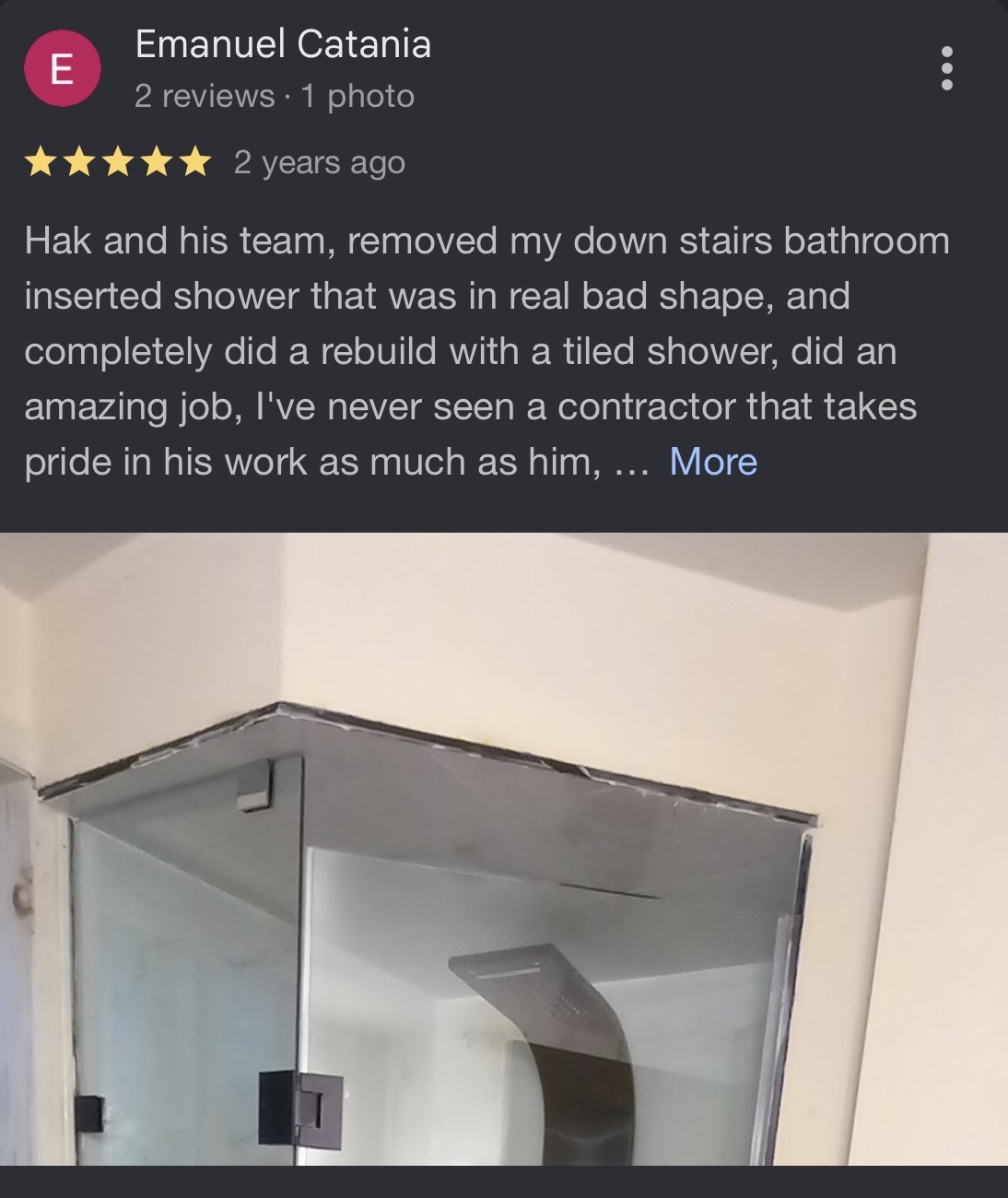Customer review from Emanuel Catania about a bathroom renovation by Reliance Contracting 168