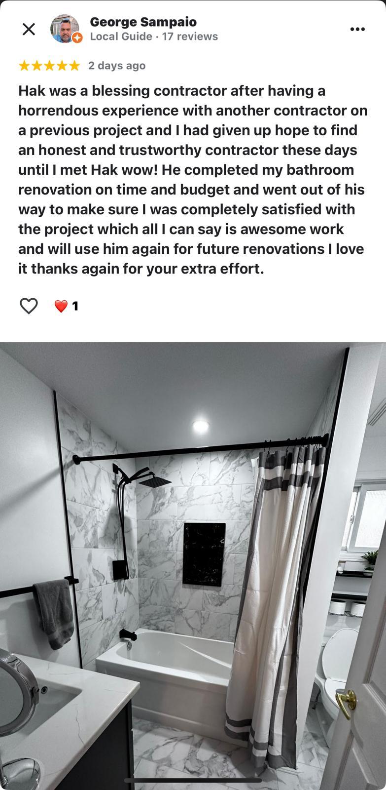 Customer review from George Sampaio about a bathroom renovation by Reliance Contracting 168