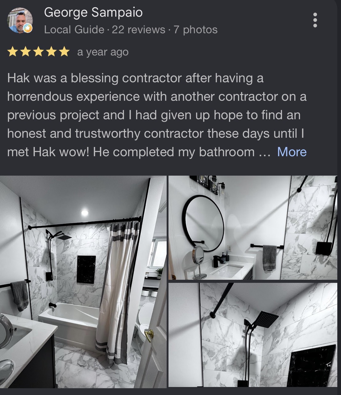 Customer review from George Sampaio about a bathroom renovation by Reliance Contracting 168