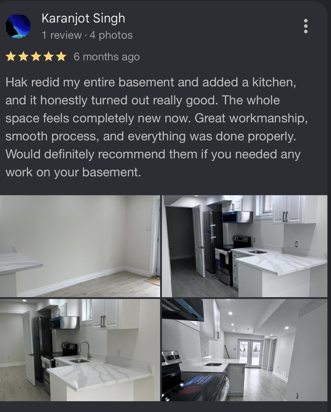 Customer review from Karanjot Singh about a legal basement by Reliance Contracting 168