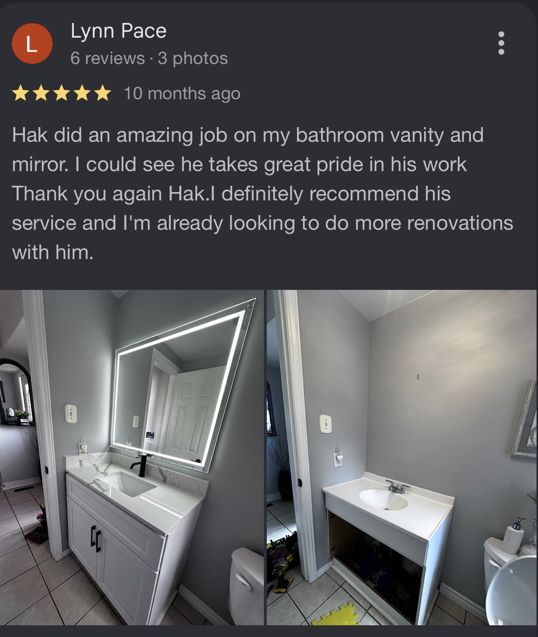Customer review from Lynn Pace about a bathroom renovation by Reliance Contracting 168