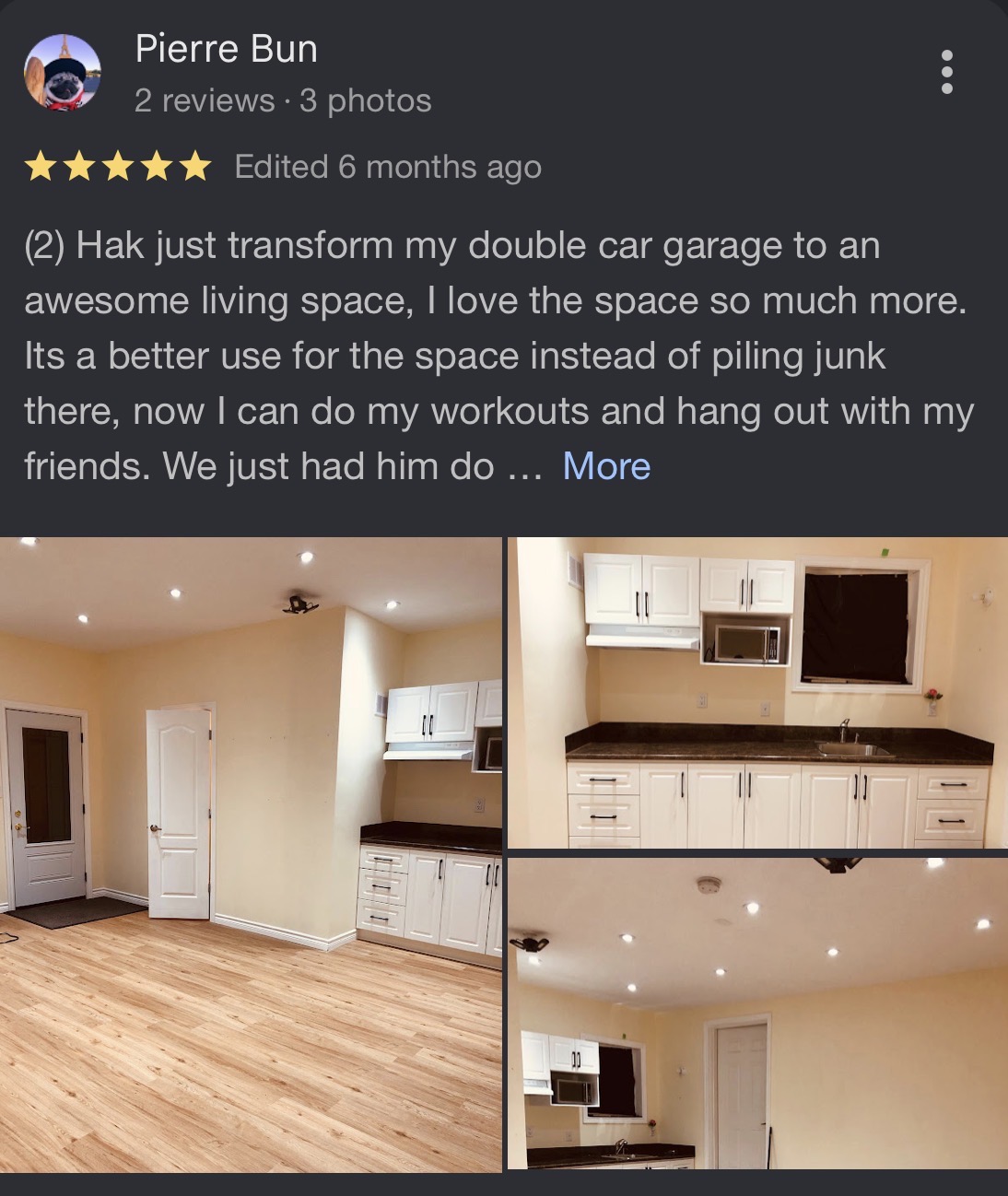 Customer review from Pierre Bun about a garage conversion by Reliance Contracting 168