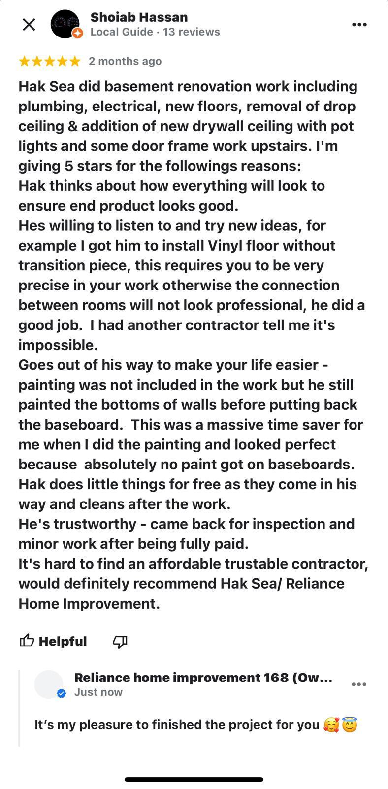 Customer review from Shoaib Hassan about a legal basement by Reliance Contracting 168