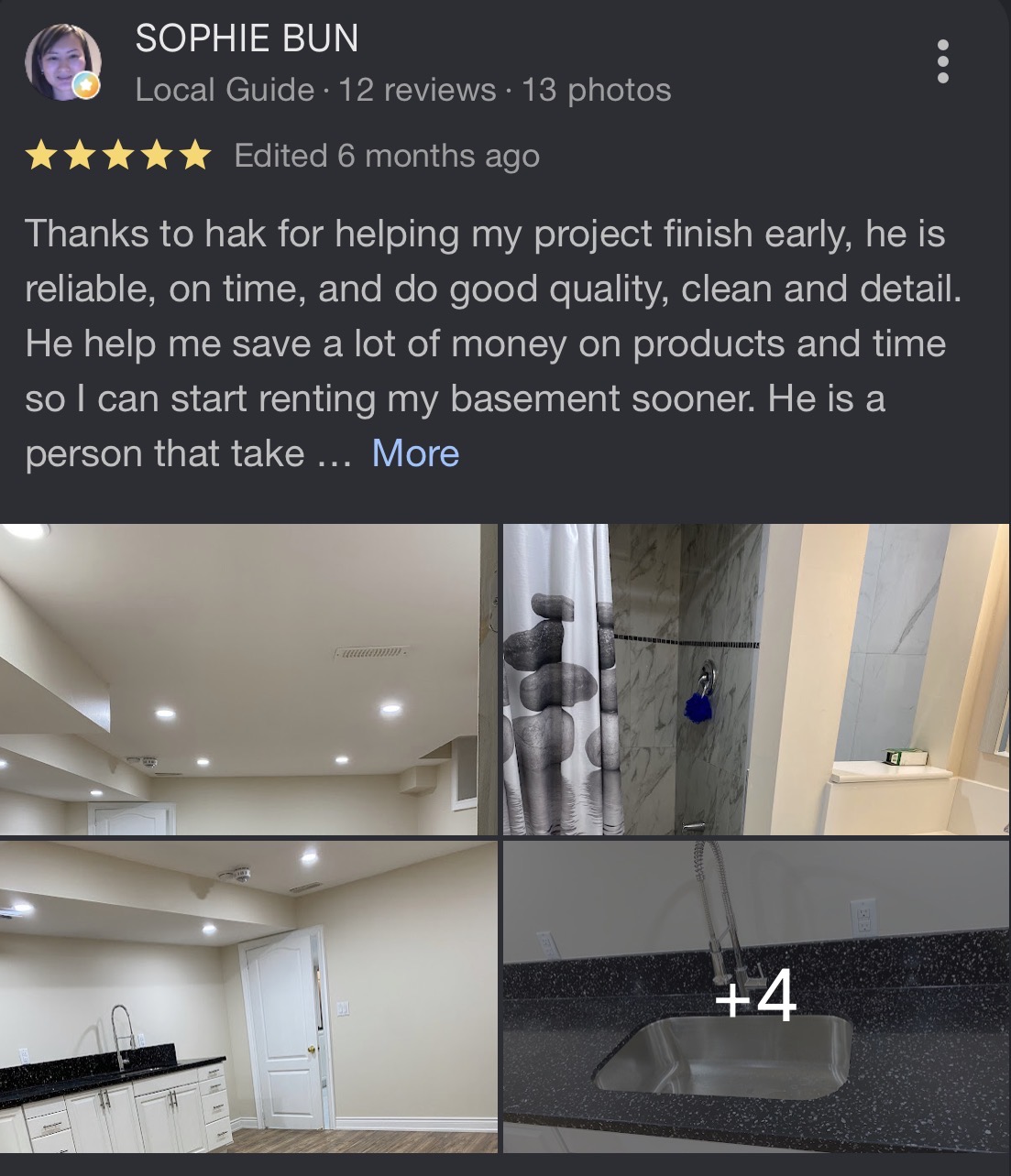 Customer review from Sophie Bun about a legal basement by Reliance Contracting 168