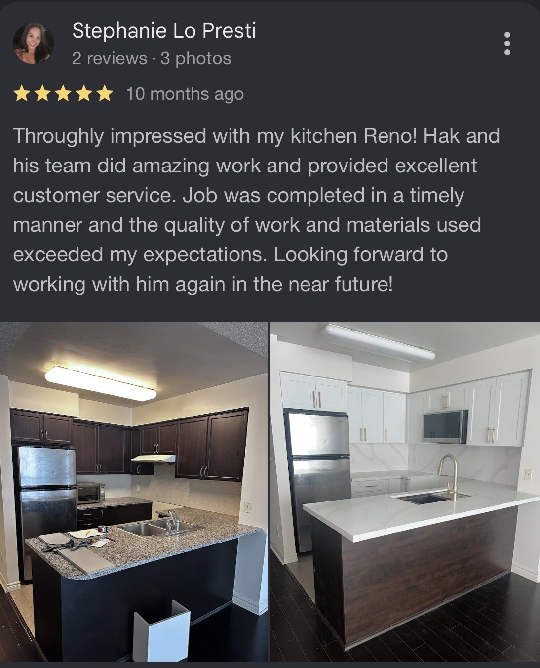 Customer review from Stephanie Lo Presti about a kitchen renovation by Reliance Contracting 168