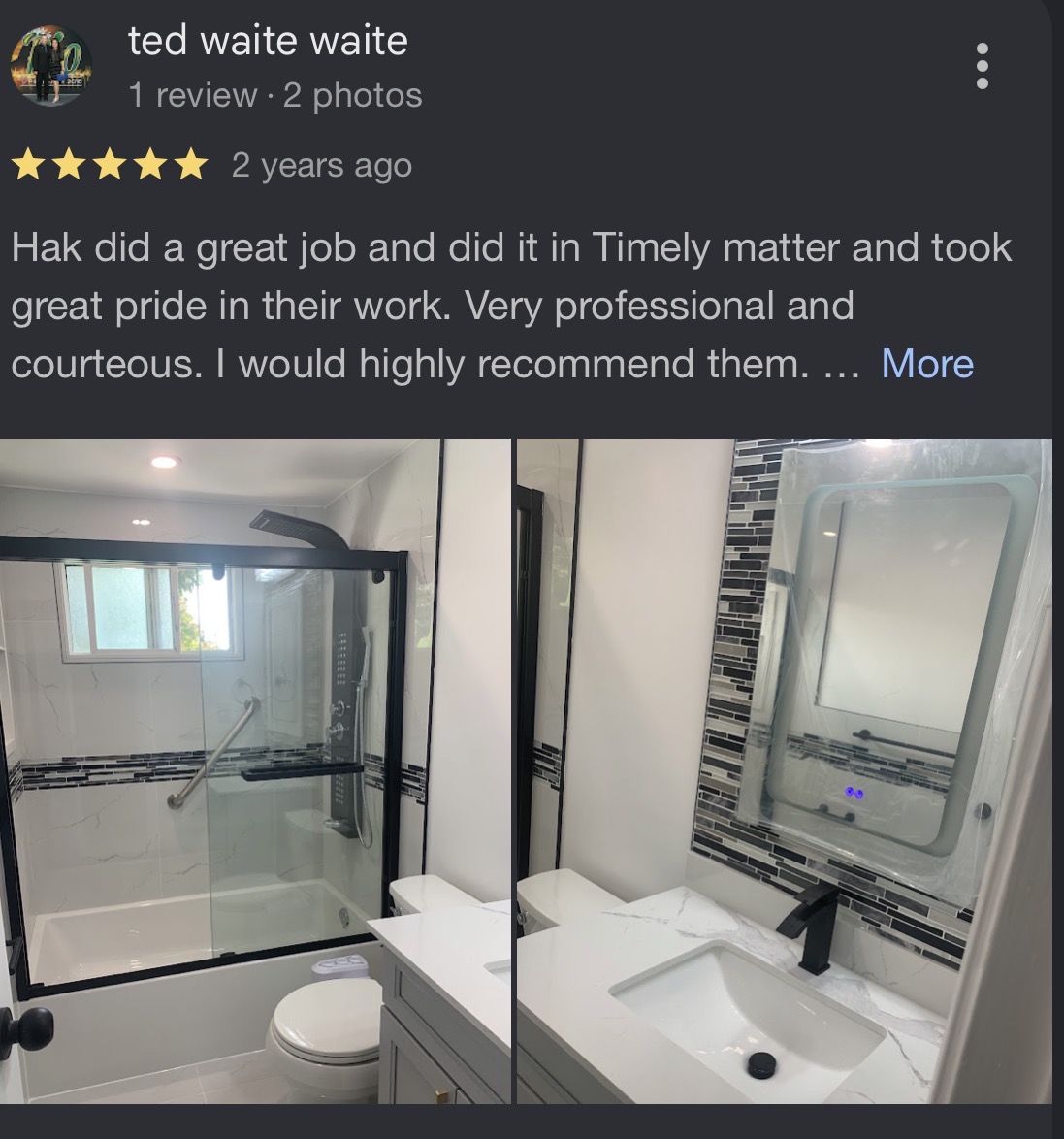 Customer review from Ted Waite Waite about a bathroom renovation by Reliance Contracting 168