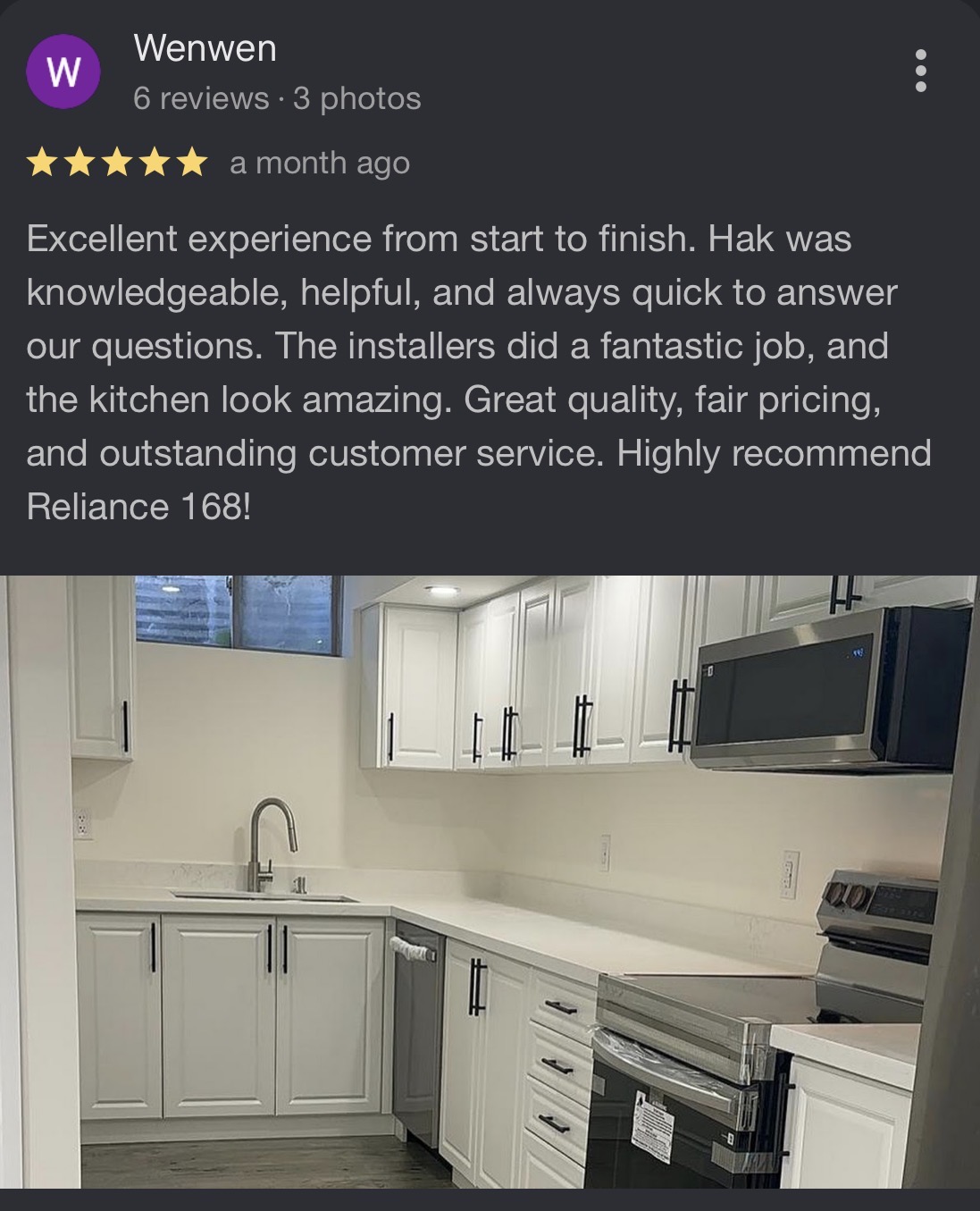 Customer review from Wenwen about a kitchen renovation by Reliance Contracting 168